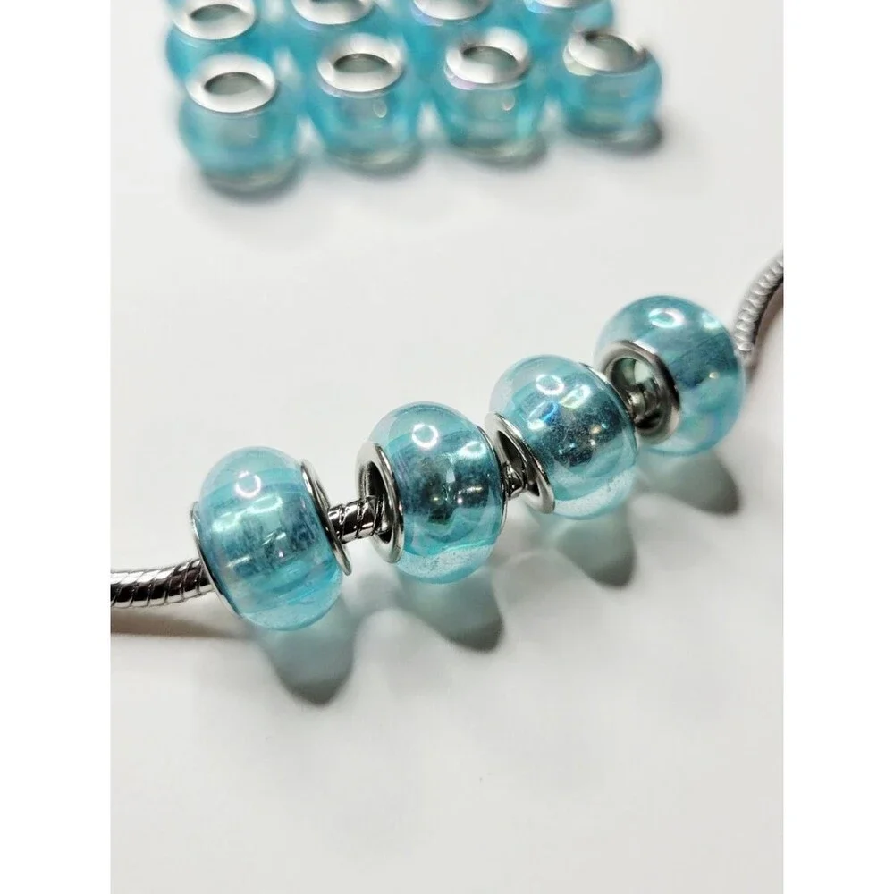 New! 16 Gorgeous Aqua Blue Translucent AB Round European Charm Beads For Pandora